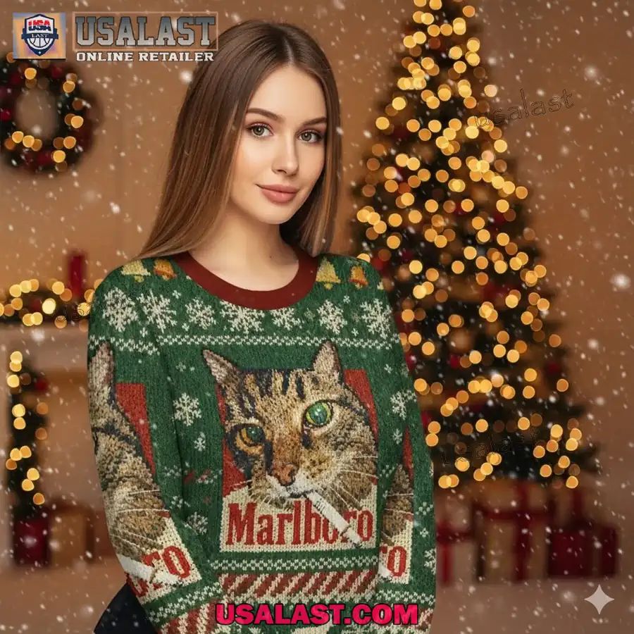 Marlboro Smoking Cat Green Christmas Ugly Sweater - Adult & Kids T-Shirts, Sweatshirts & Hoodies apparel design preview 1