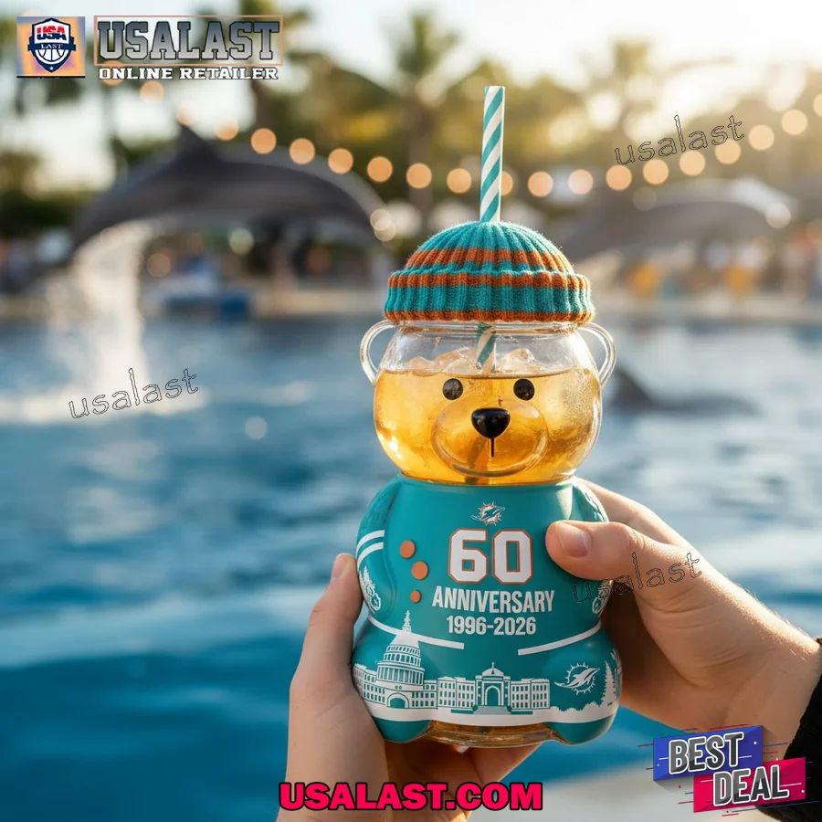 Miami Dolphins 60th Anniversary Bear Glass Cup - Adult & Kids T-Shirts, Sweatshirts & Hoodies apparel design preview 1