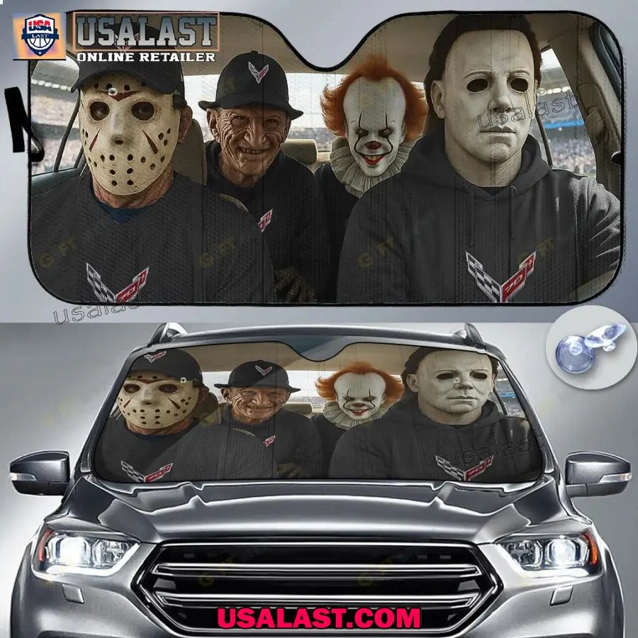 Corvette x Horror Movie Characters Car Sunshade, - Adult & Kids T-Shirts, Sweatshirts & Hoodies apparel design preview 1