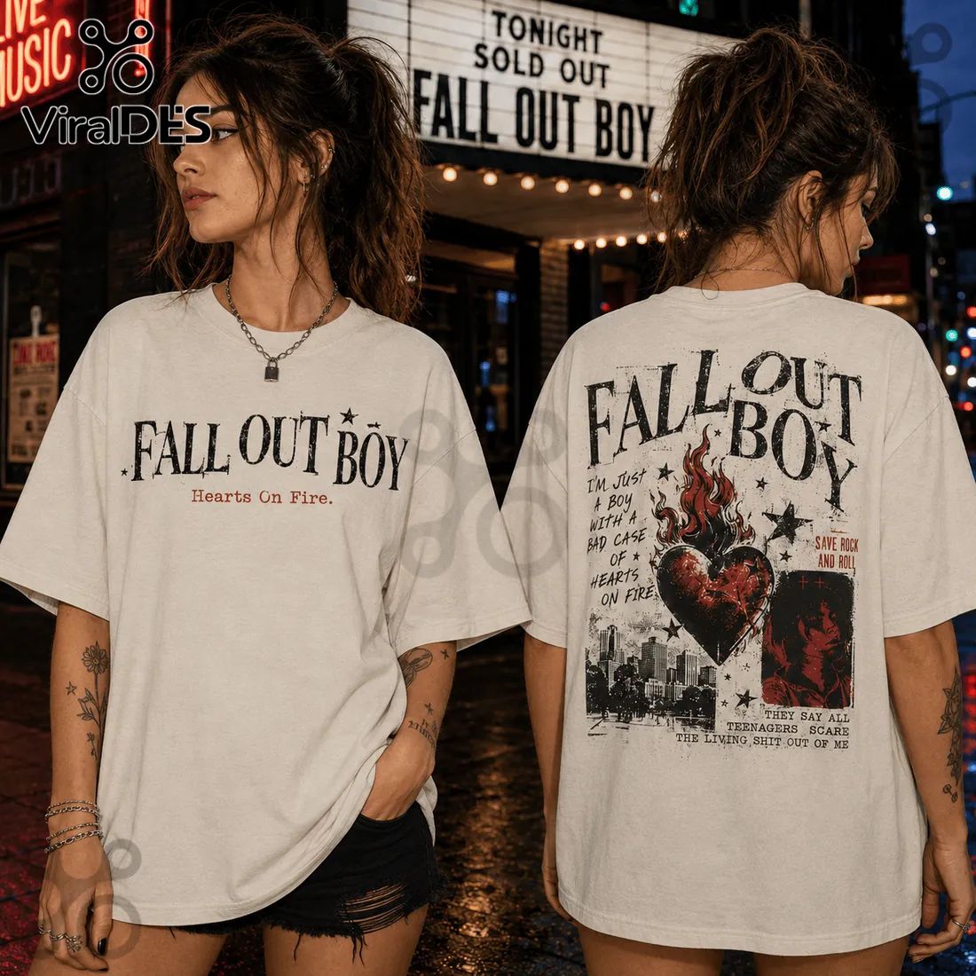 Fall Out Boy Hearts On Fire Off-White - Adult & Kids T-Shirts, Sweatshirts & Hoodies apparel design preview 1