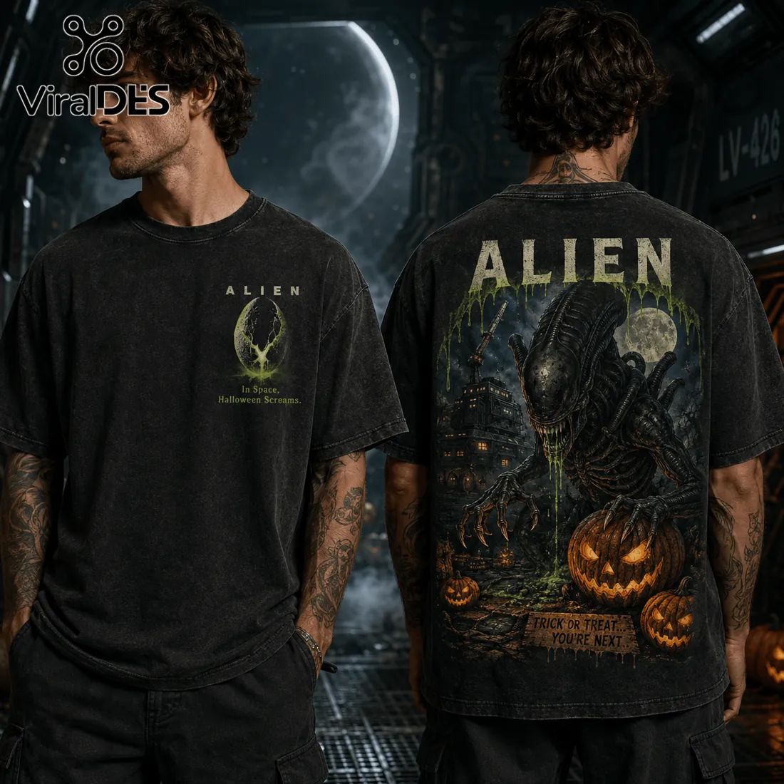 Alien Halloween Horror Pumpkin Acid Wash - Adult & Kids T-Shirts, Sweatshirts & Hoodies apparel design preview 1
