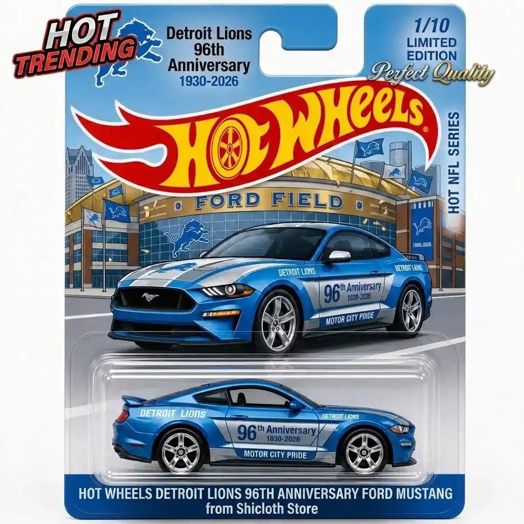 Wheels Detroit Lions 96th Anniversary Ford Mustang - Adult & Kids T-Shirts, Sweatshirts & Hoodies apparel design preview 1