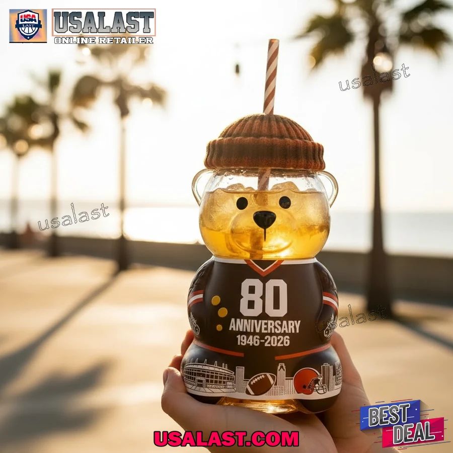 Cleveland Browns 80th Anniversary Bear Glass Cup - Adult & Kids T-Shirts, Sweatshirts & Hoodies apparel design preview 1