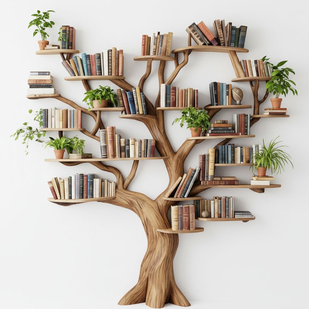 Tree Shaped Bookshelf Handmade from Natural Wood - Adult & Kids T-Shirts, Sweatshirts & Hoodies apparel design preview 1