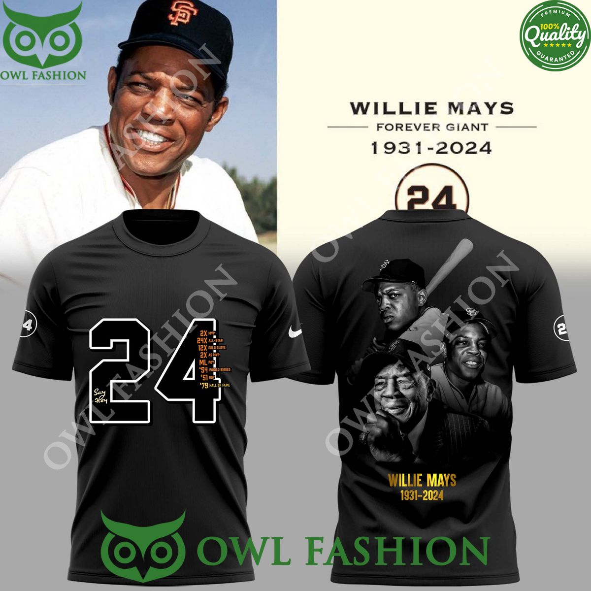 Willie Mays Forever Giant 1931 2024 Number 24 - Adult & Kids T-Shirts, Sweatshirts & Hoodies apparel design preview 1