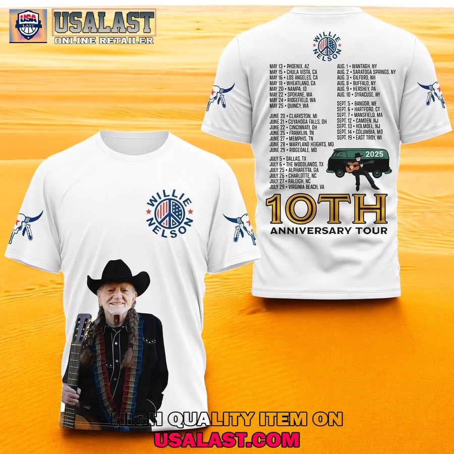 Willie Nelson 10th Anniversary Tour 2025 3D - Adult & Kids T-Shirts, Sweatshirts & Hoodies apparel design preview 1