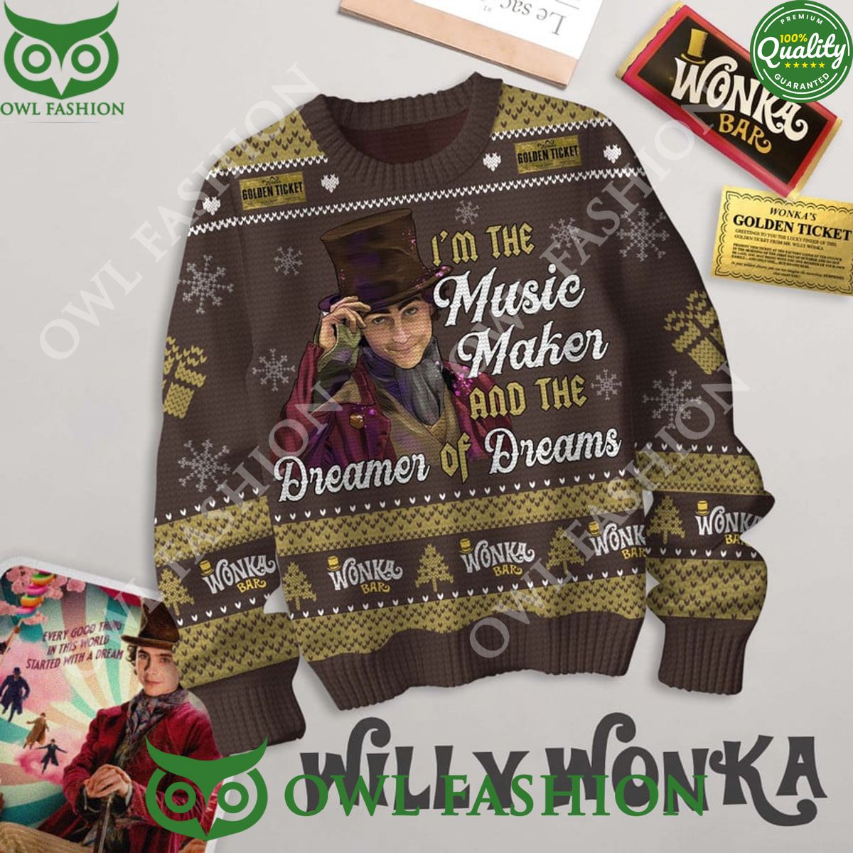 Willy Wonka Music Maker Dreamers Ugly Sweater Jumper - Adult & Kids T-Shirts, Sweatshirts & Hoodies apparel design preview 1