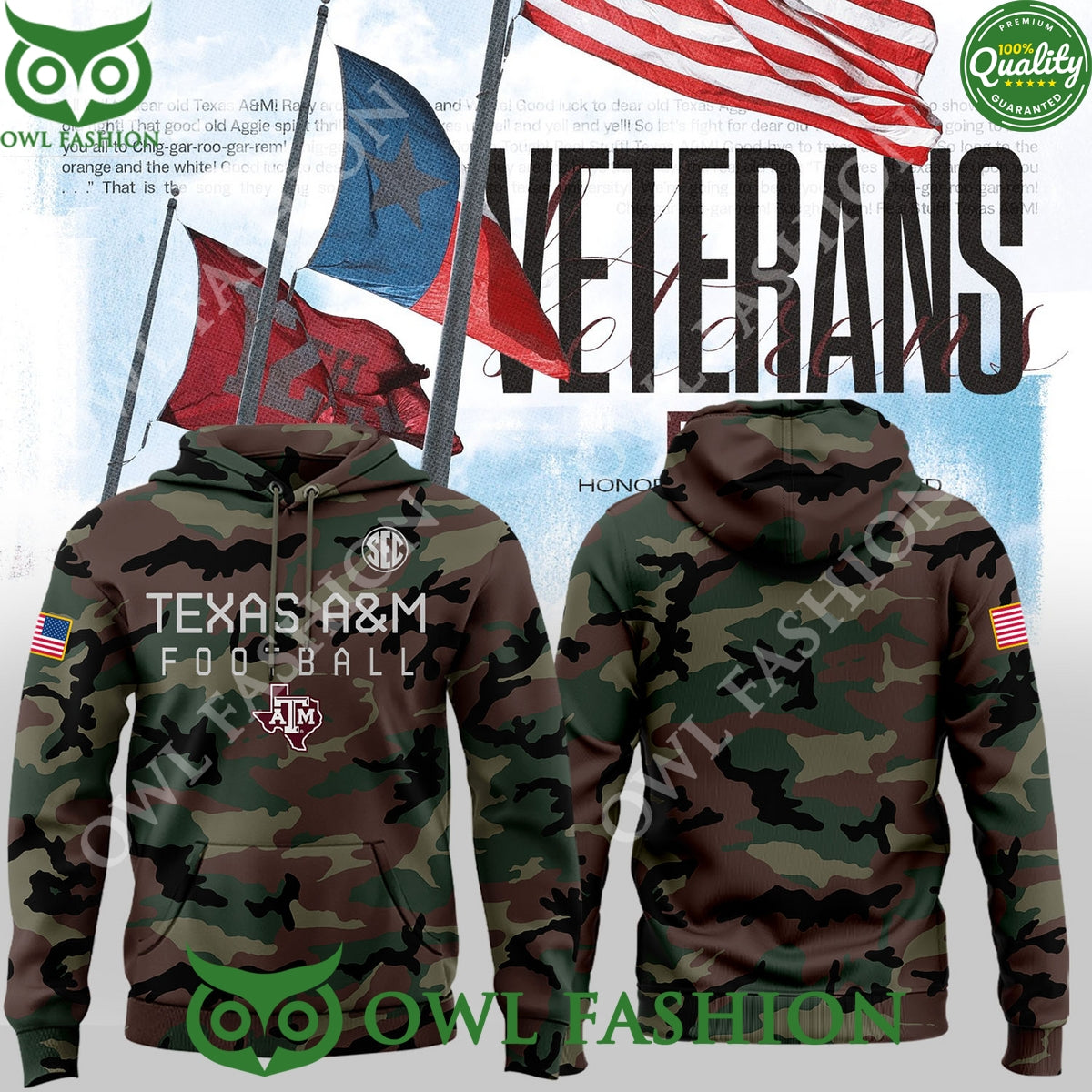 Honor Veterans Military Texas A M Football Camo - Adult & Kids T-Shirts, Sweatshirts & Hoodies apparel design preview 1